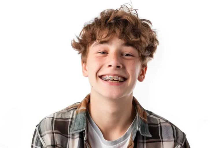 A smiling boy teenager with braces mouth, close up Isolated on solid white background.